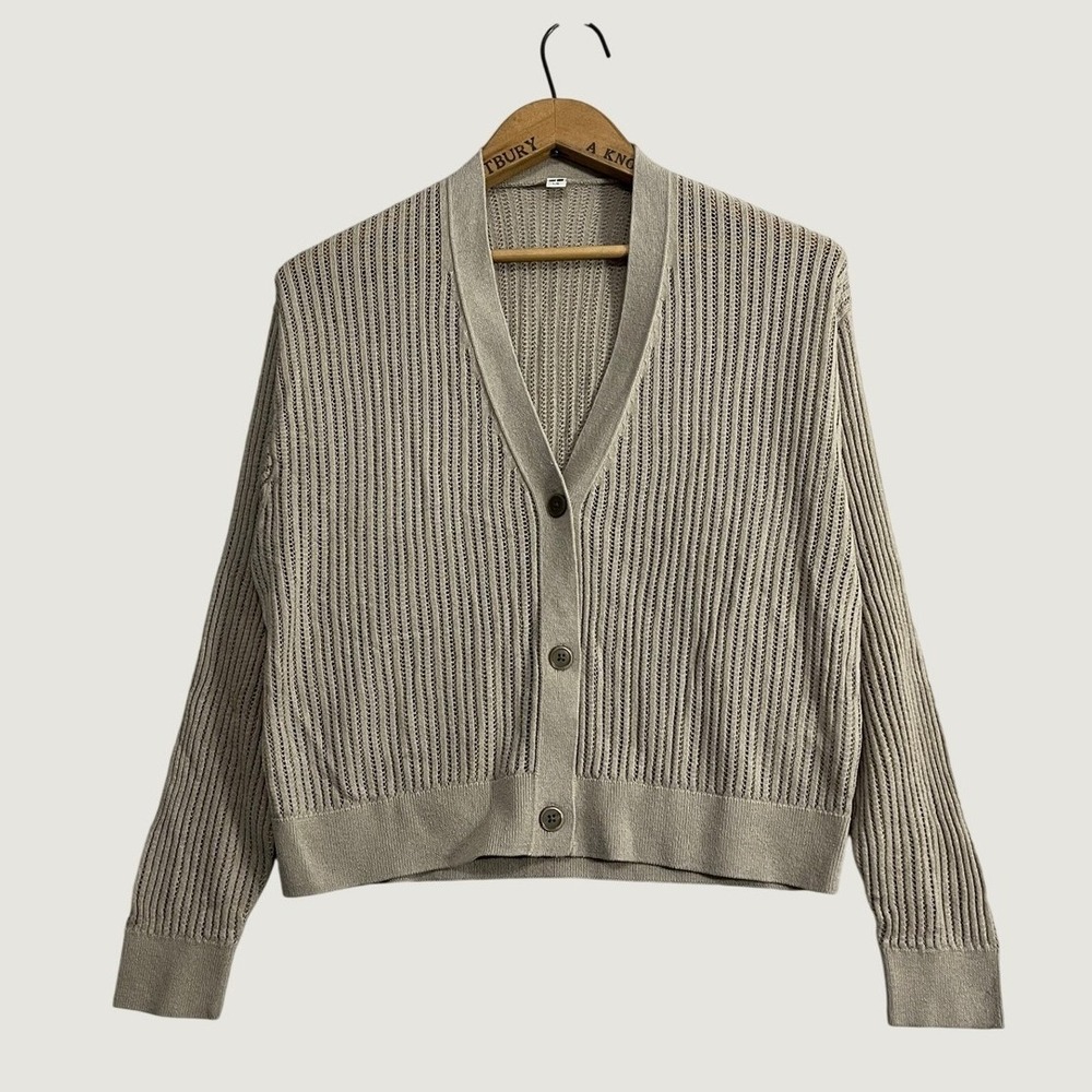 Uniqlo Womens Large Beige Mesh V-Neck Cardigan Linen Blend Open Knit 251-468541